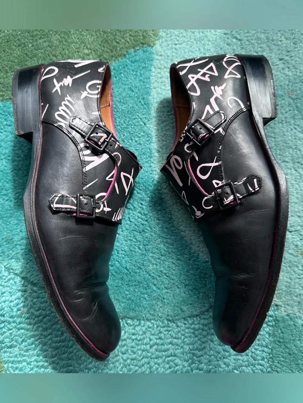 Fluevog Twin Turbine 205 Pine Street black graphic print monk strap shoe -M8/W10